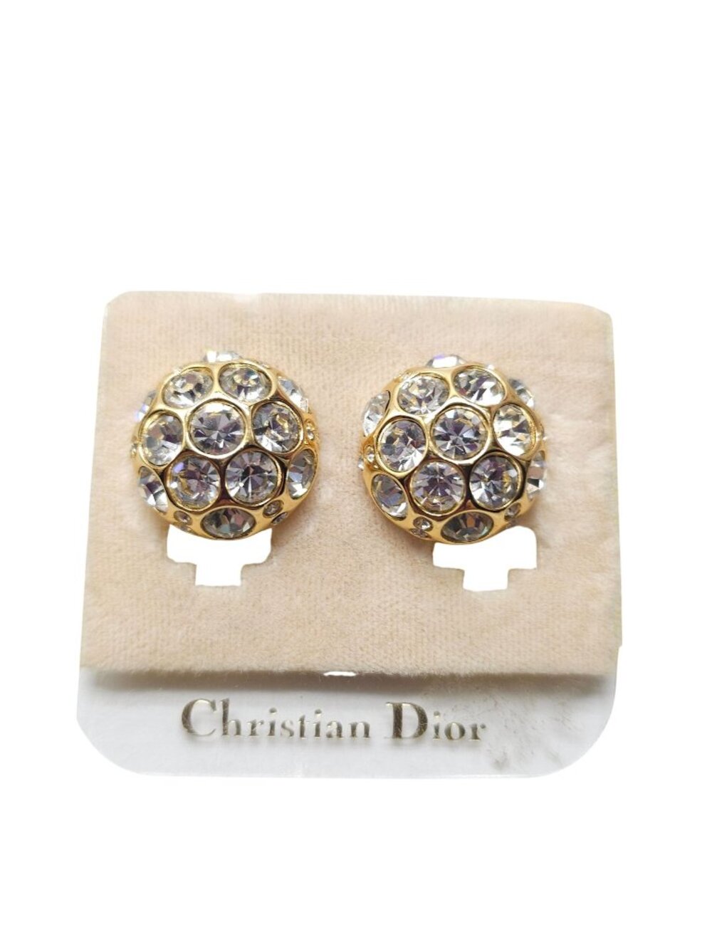 Christian Dior Couture Vintage Gold Tone Crystal Dome Clip-On Earrings